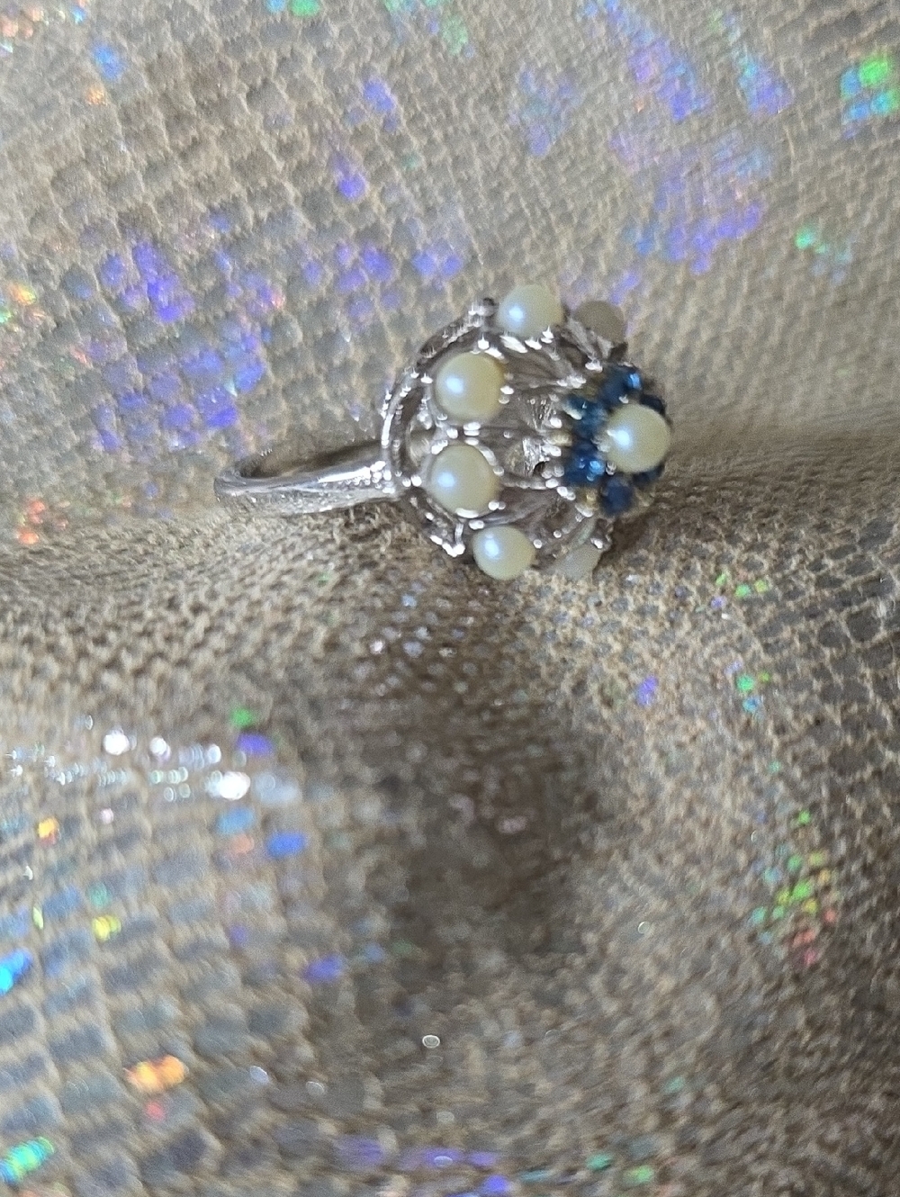 Pearl and Blue Stone Cluster Ring - Women's Jewelry